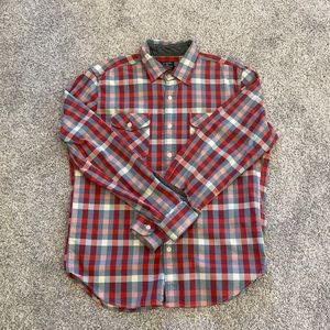 Large J.Crew Heavyweight Flannel. Red, light blue and white stripes